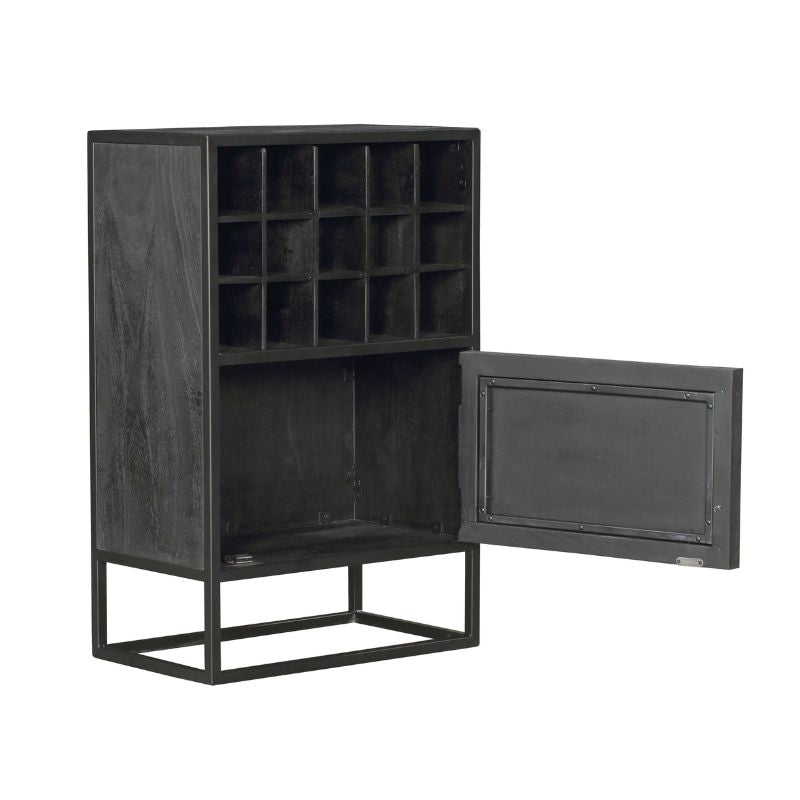 Wijnkast Zwart Mangohout - 55 cm - Visgraat Design - 15 Flessenvakken