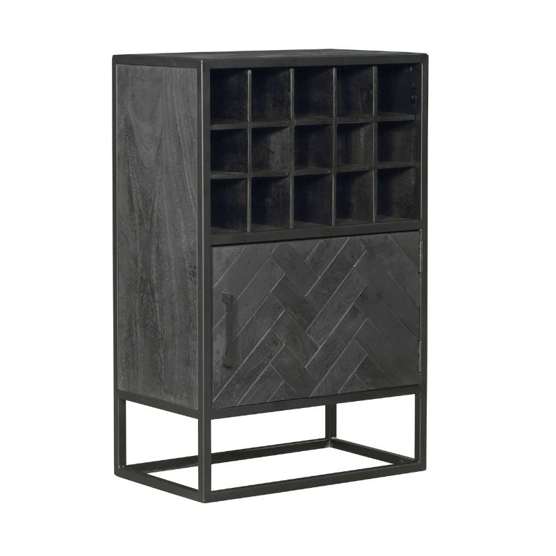 Wijnkast Zwart Mangohout - 55 cm - Visgraat Design - 15 Flessenvakken