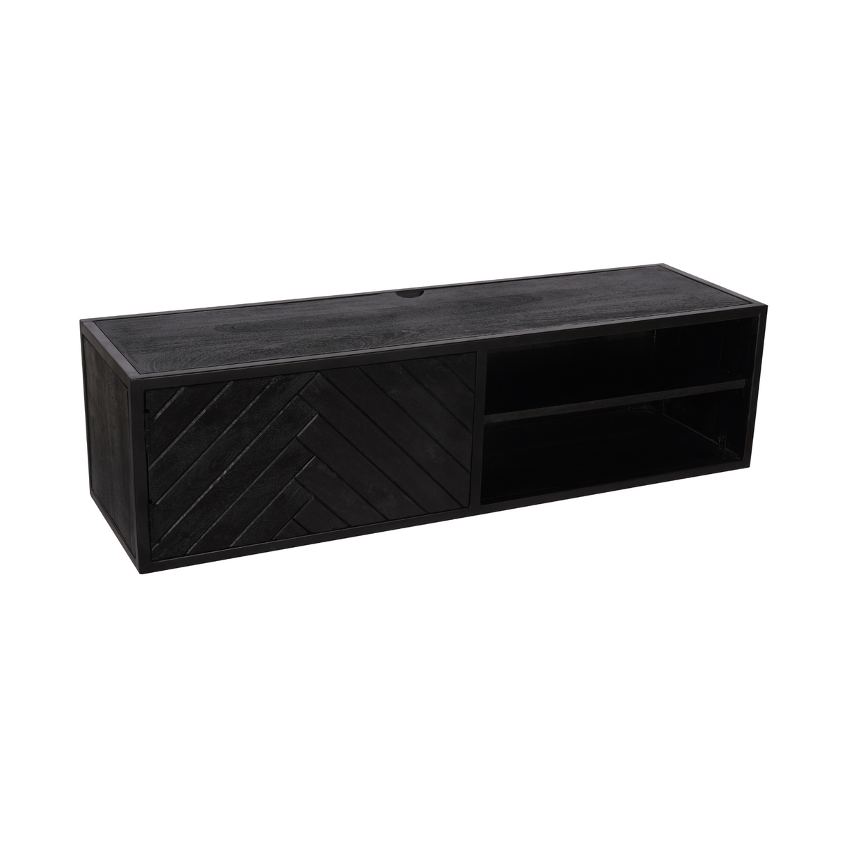 Zwevend TV-meubel Zwart Mangohout - 120 cm - Visgraatpatroon met Open Vakken
