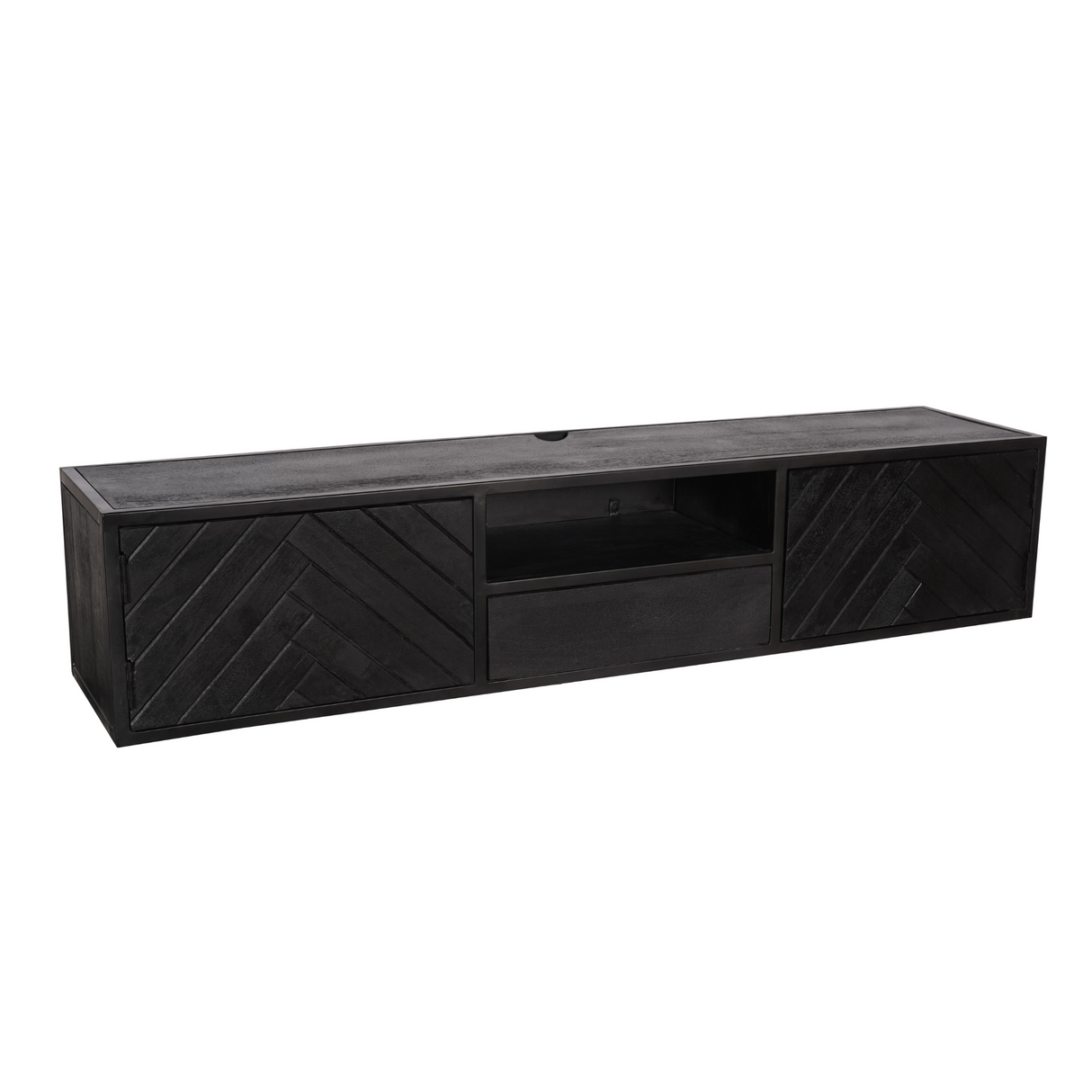 Zwevend TV-meubel Zwart Mangohout - 160 cm - Visgraatpatroon met Open Vak