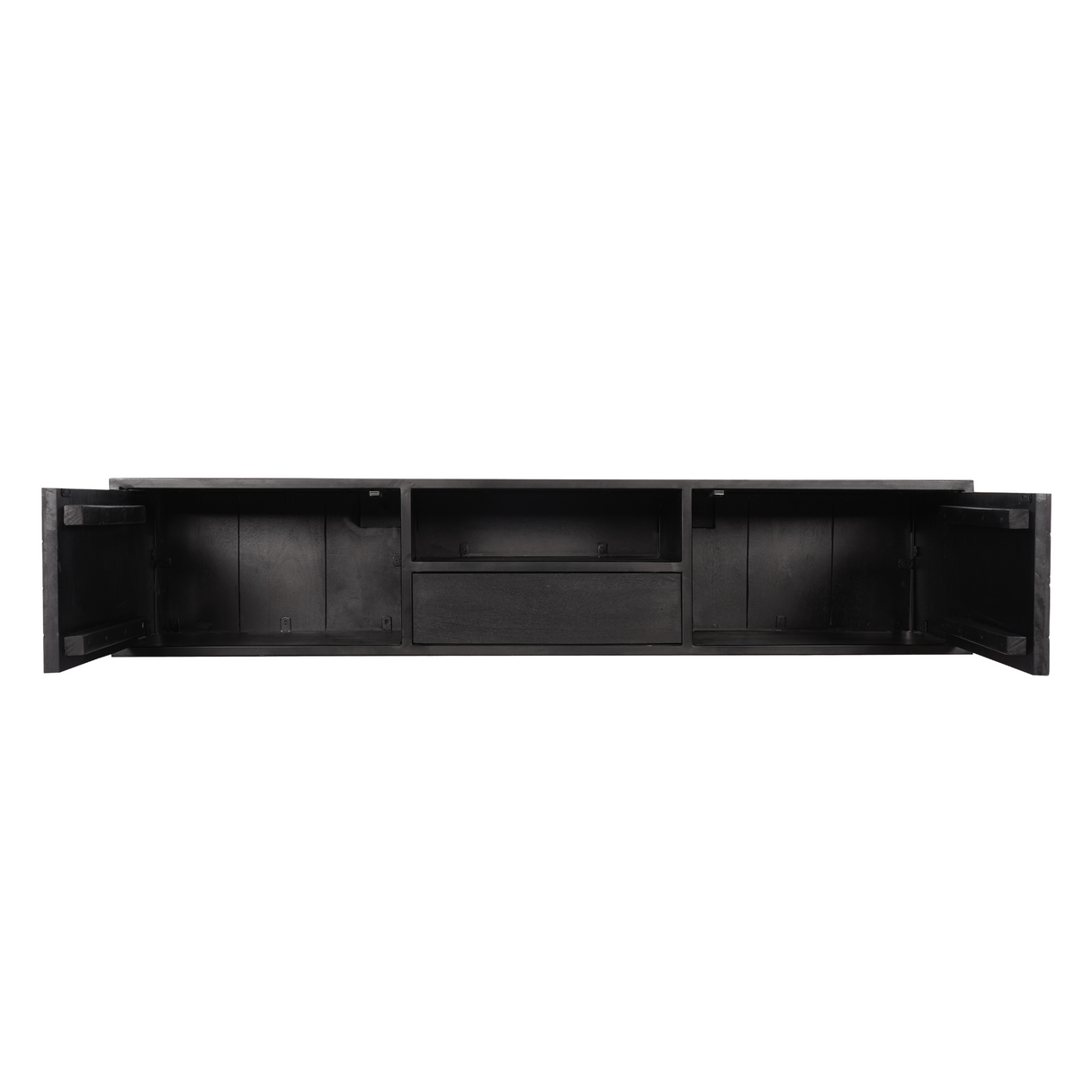 Zwevend TV-meubel Zwart Mangohout - 160 cm - Visgraatpatroon met Open Vak