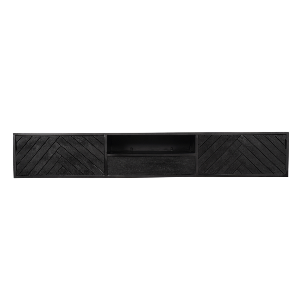 Zwevend TV-meubel Zwart Mangohout - 200 cm - Visgraatpatroon met Open Vak