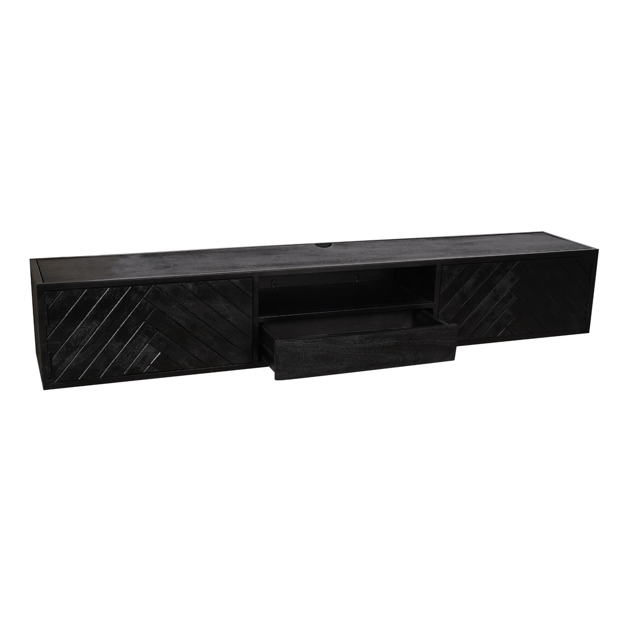 Zwevend TV-meubel Zwart Mangohout - 200 cm - Visgraatpatroon met Open Vak