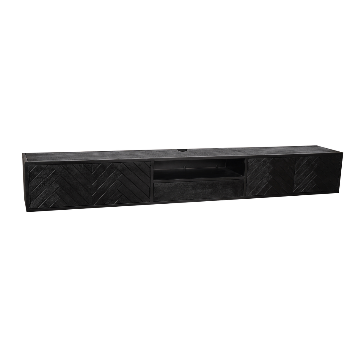 Zwevend TV-meubel Zwart Mangohout - 280 cm - Visgraatpatroon met Open Vak