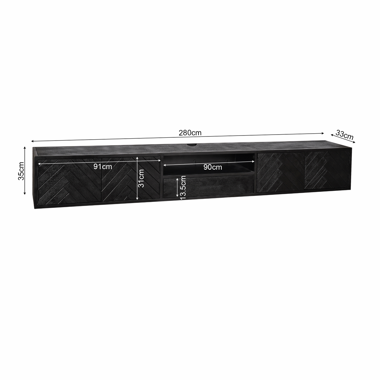 Zwevend TV-meubel Zwart Mangohout - 280 cm - Visgraatpatroon met Open Vak