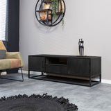 Tv-meubel - Zwart - Mangohout - 145 cm - 2 Deuren - 1 Lade