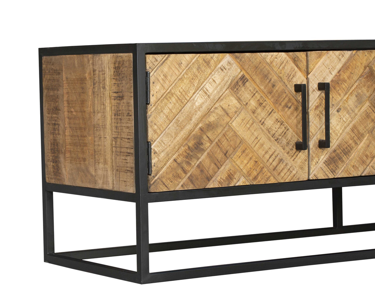 Tv-meubel - Naturel - Mangohout - 240 cm - Visgraat - 2 Deuren - 1 Lade
