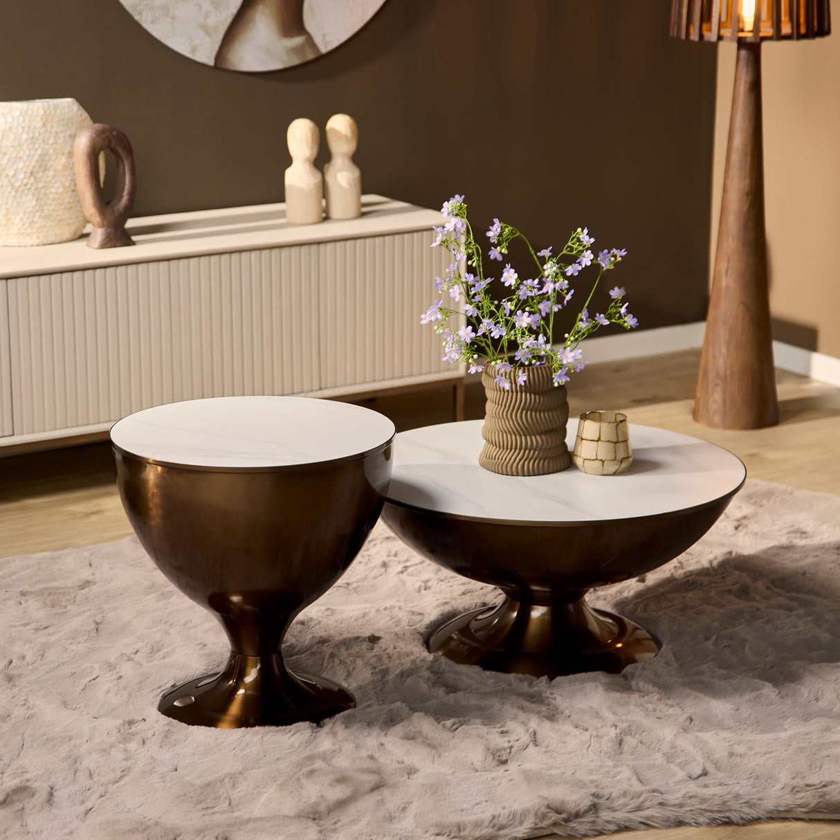 Salontafel - Set van 2 - Wit Marmerlook - Goudkleurig Staal - Modern Design