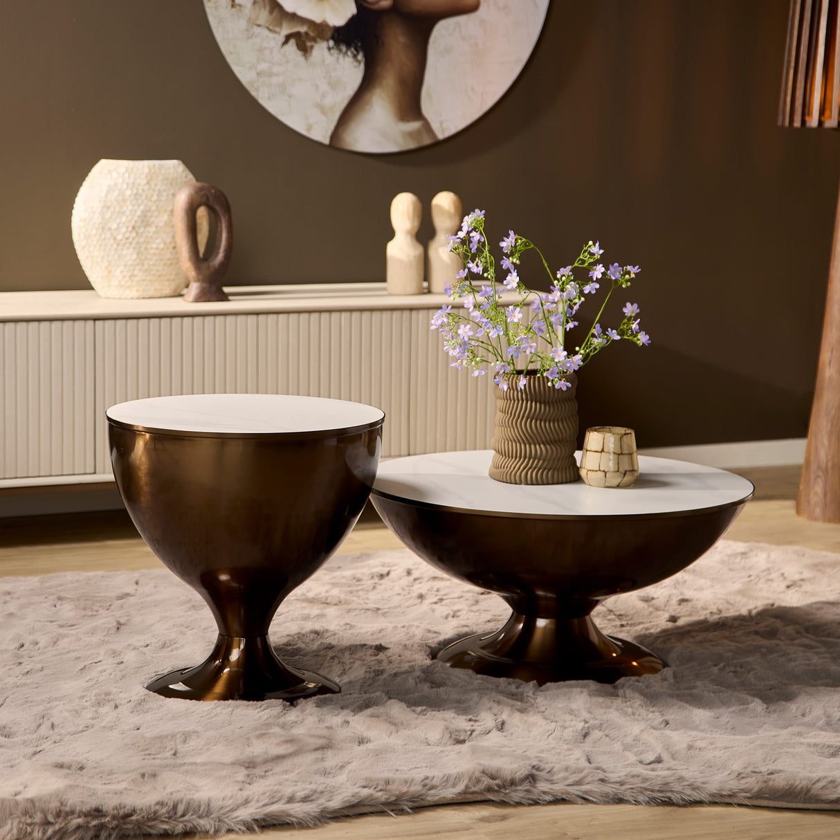 Salontafel - Set van 2 - Wit Marmerlook - Goudkleurig Staal - Modern Design