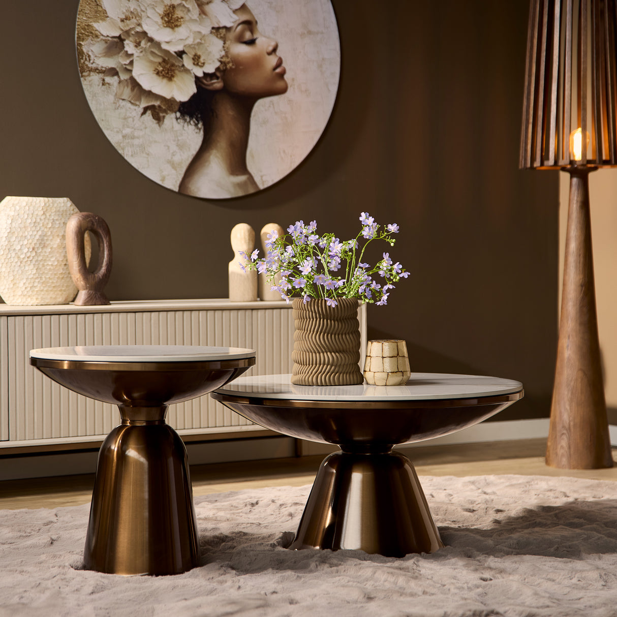 Salontafel - Set van 2 - Wit Gesinterd Natuursteen - Bronskleurig Staal - Luxe Design