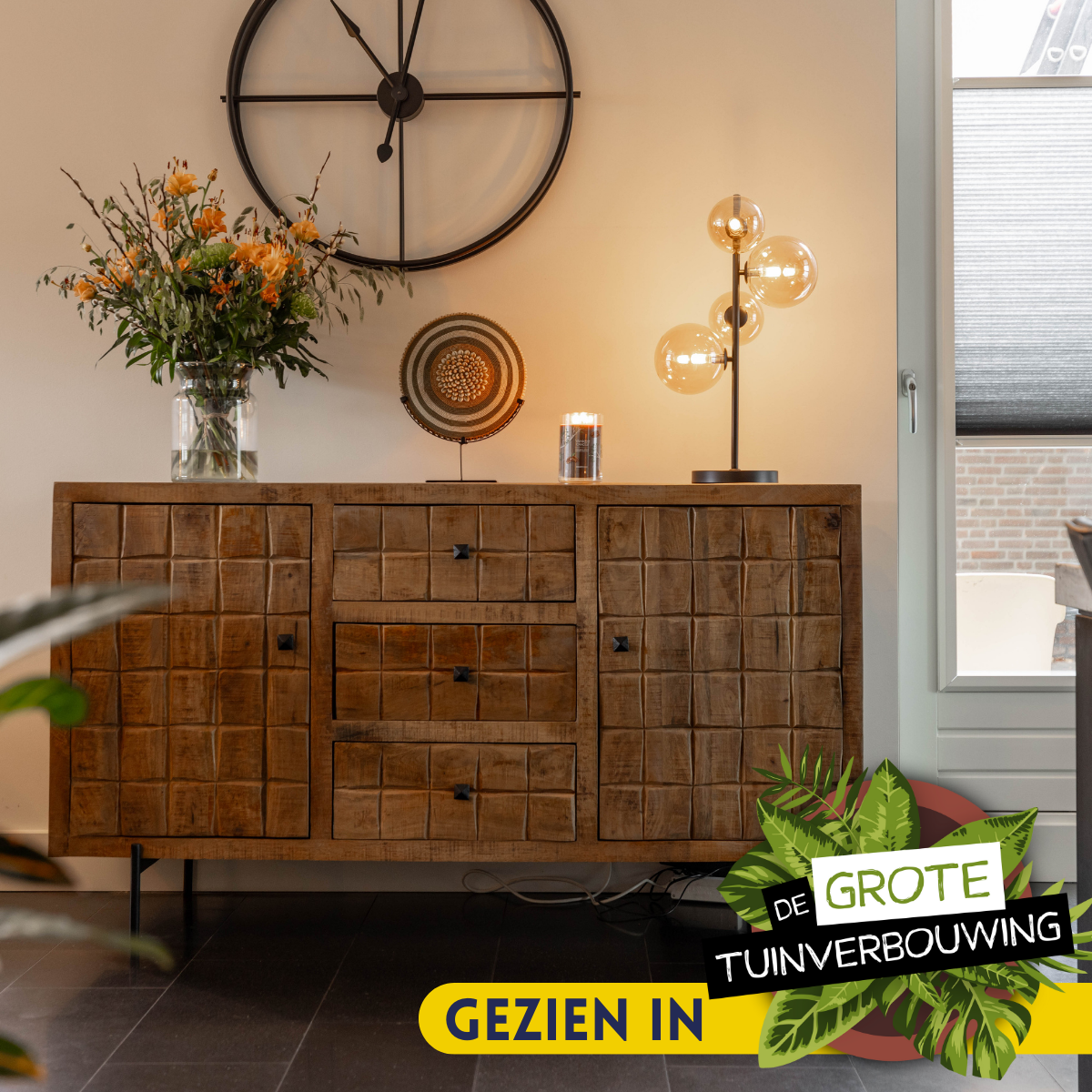 Dressoir - Naturel - Mangohout - Blokpatroon - 160 cm
