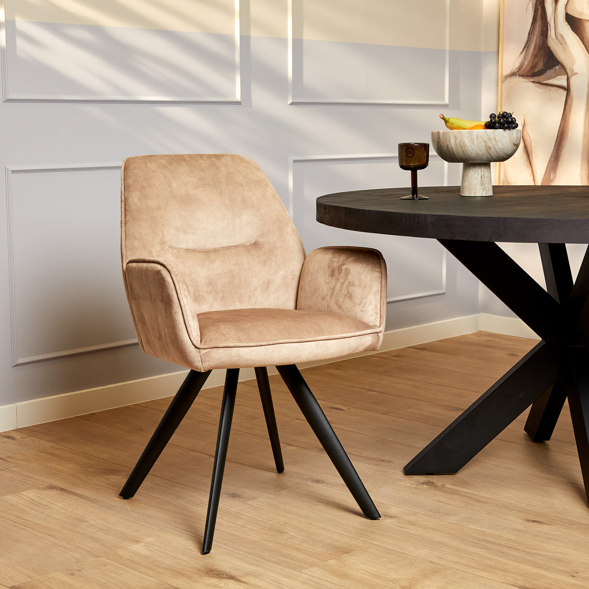 Eetkamerstoel - Beige - Velvet - Metaal - 60 cm - Set van 2