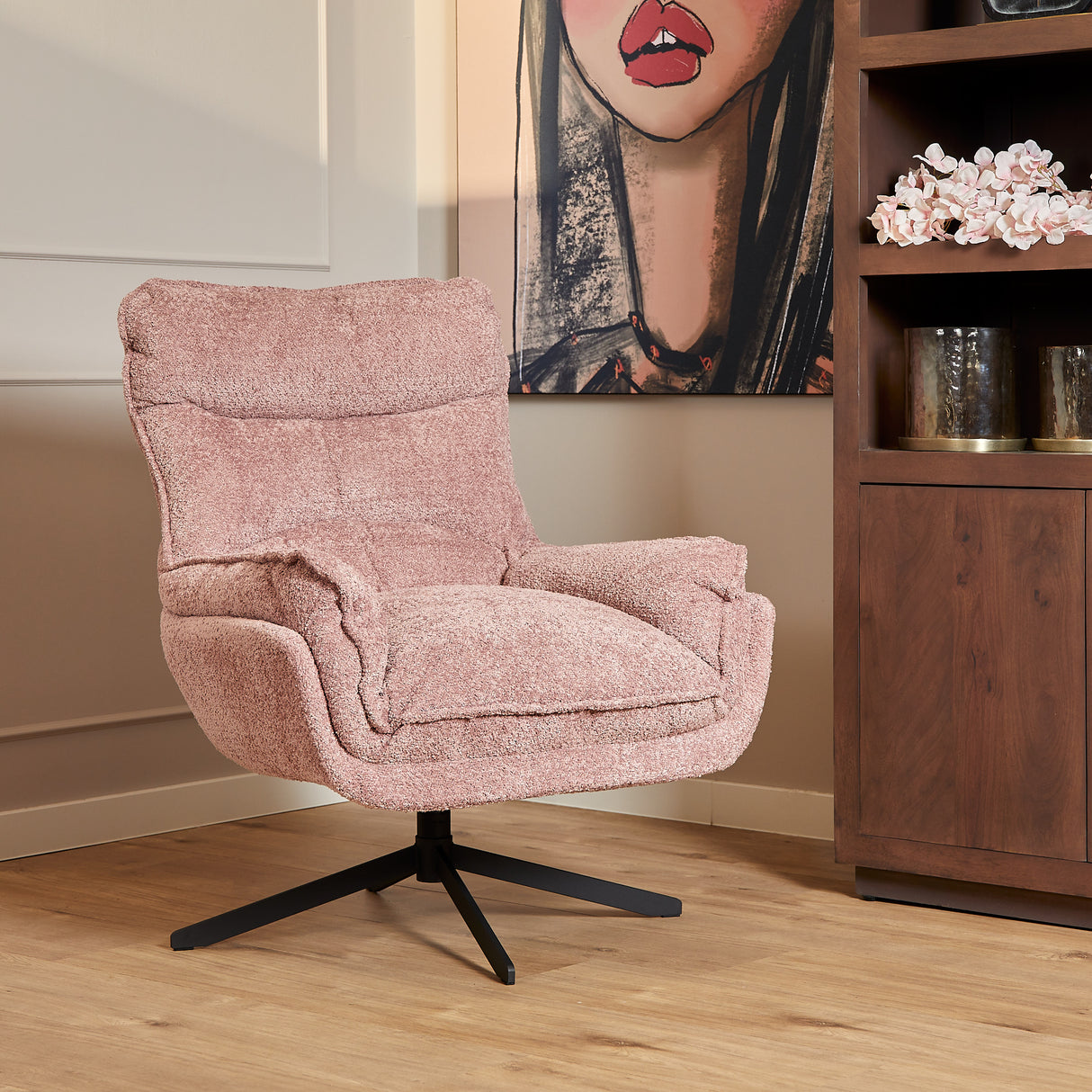 Fauteuil - Roze - Stof - Metaal - Draaibaar - Teddy