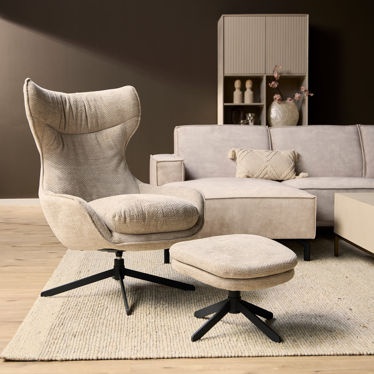 Fauteuil - Draaibaar - Taupe - Stof - Inclusief Voetenbank