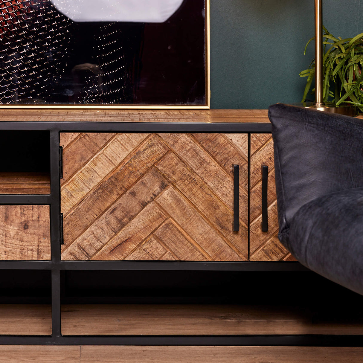 Tv-meubel - Naturel - Mangohout - 240 cm - Visgraat - 2 Deuren - 1 Lade