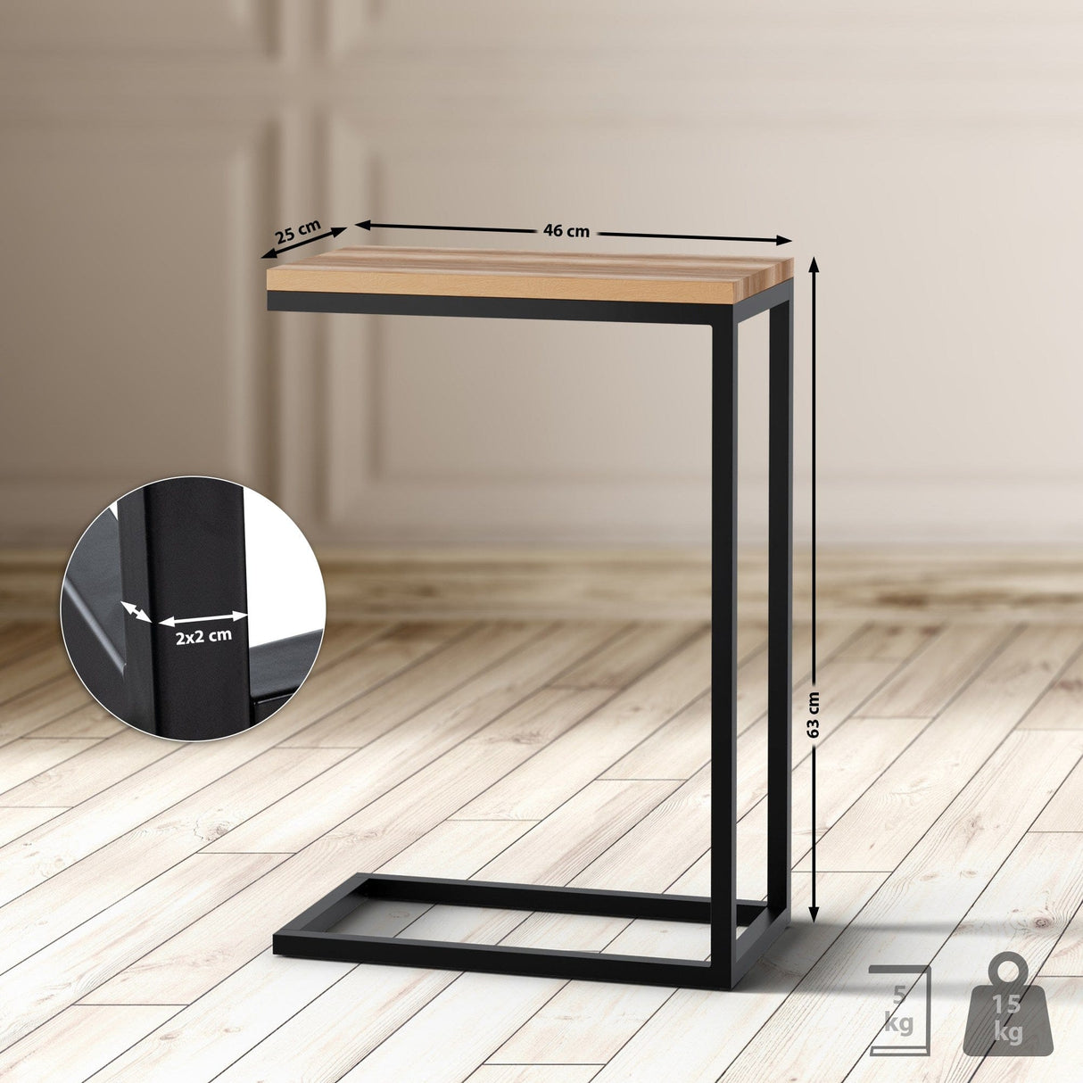 Bijzettafel Manteo – Massief Eiken Tafelblad – Zwart Metalen Frame – Modern Design – Diverse Maten Bijzettafels Knuska