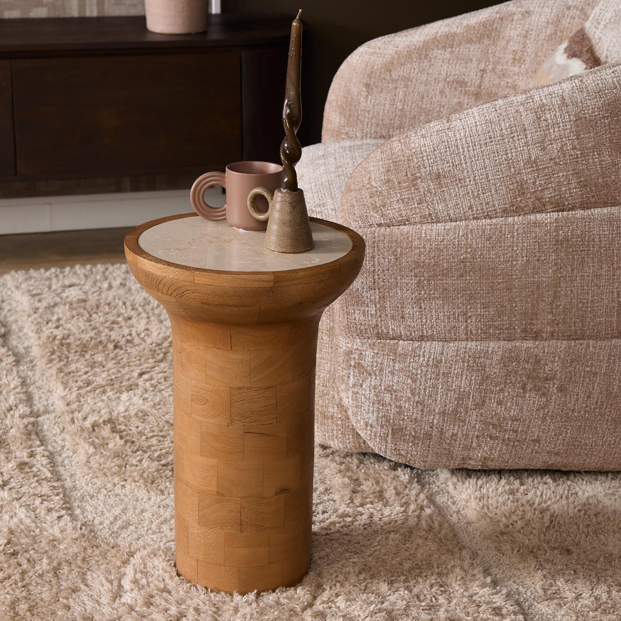 Bijzettafel - Naturel Mangohout - Travertin Blad - 33 cm End Tables Starfurn