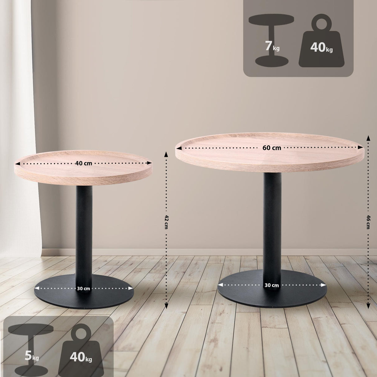 Bijzettafel Set Aspen (2-delig) – Rond – Hout & Zwart Metaal – Modern Design End Tables Knuska