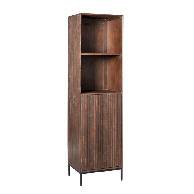 Boekenkast - Bruin Mangohout - 55 cm - Verticaal Lattenpatroon - 1 Deur & 2 Open Vakken Bookcases & Standing Shelves Starfurn