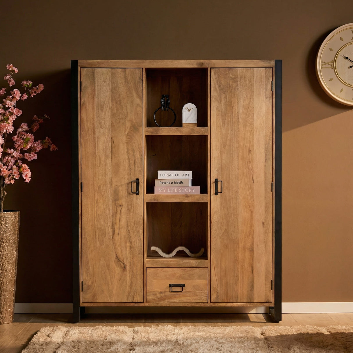 Boekenkast - Naturel Mangohout - 150x180 cm - 2 Deuren, 1 Lade & 2 Legplanken Bookcases & Standing Shelves Starfurn