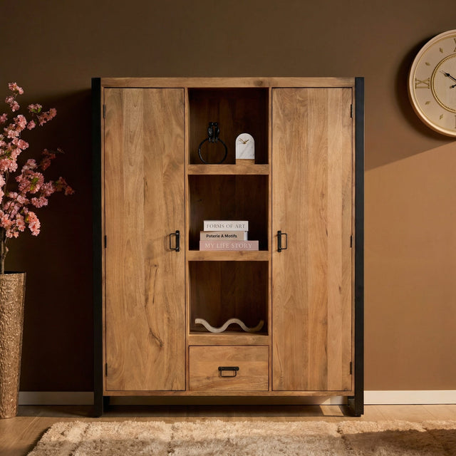 Boekenkast - Naturel Mangohout - 150x180 cm - 2 Deuren, 1 Lade & 2 Legplanken Bookcases & Standing Shelves Starfurn