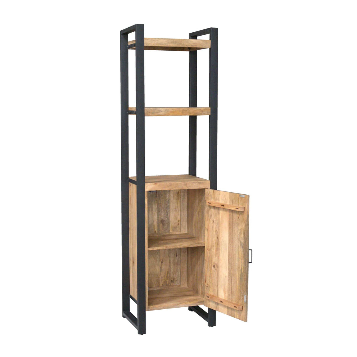 Boekenkast - Naturel Mangohout - 55x200 cm - 1 Deur & 2 Open Vakken Bookcases & Standing Shelves Starfurn