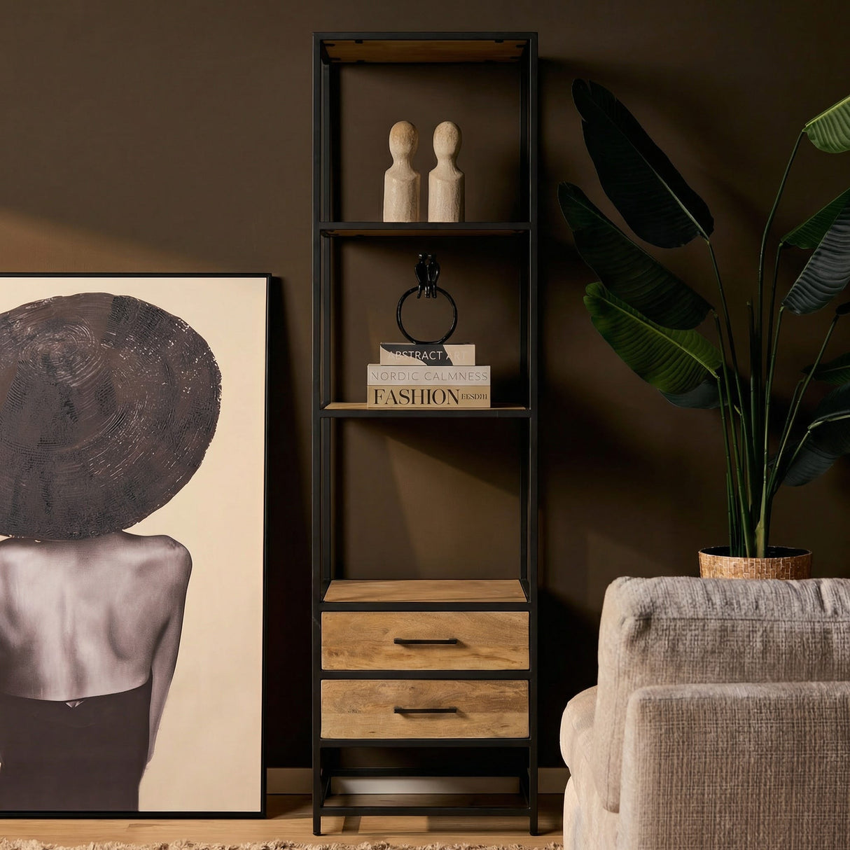 Boekenkast - Naturel - Mangohout - met lades - 55 cm Bookcases & Standing Shelves Starfurn