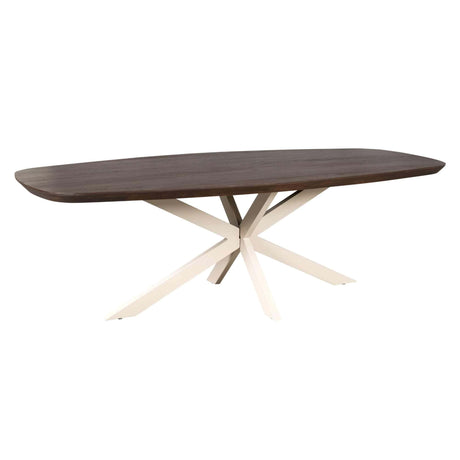 Deense ovale eettafel van bruin mangohout, 280 cm, met zandkleurige metalen spiderpoot