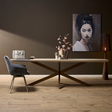 Deense ovale eettafel van zandkleurig mangohout, 280 cm, met bronskleurige designpoot