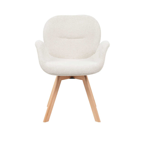Beige draaibare eetkamerstoel van stof met houten poten en armleuning, foto 4