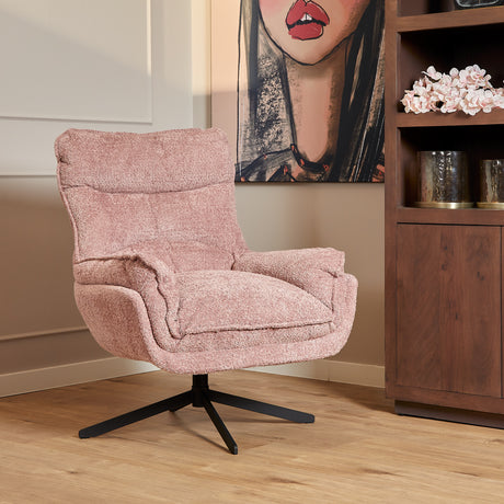 Roze draaibare fauteuil van teddystof met metalen poten