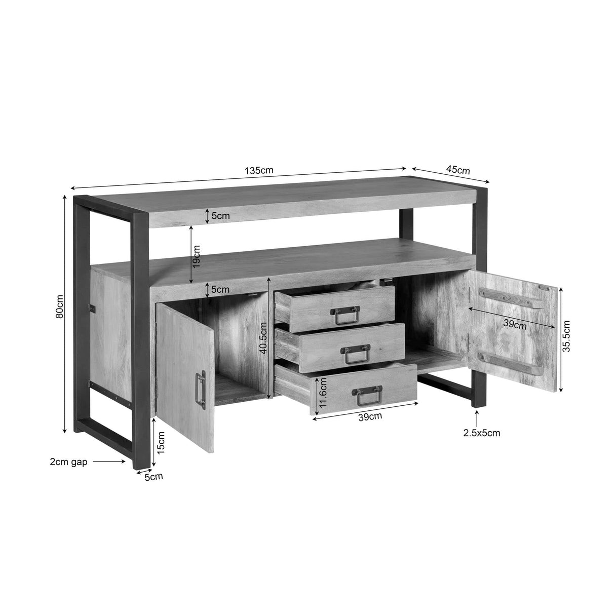Dressoir - Naturel Mangohout - 135x80 cm - 2 Deuren & 3 Laden Storage Cabinets & Lockers Starfurn