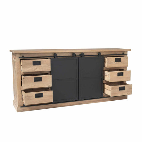 Naturel mangohouten dressoir met schuifdeuren en laden, 200 cm breed, foto 3
