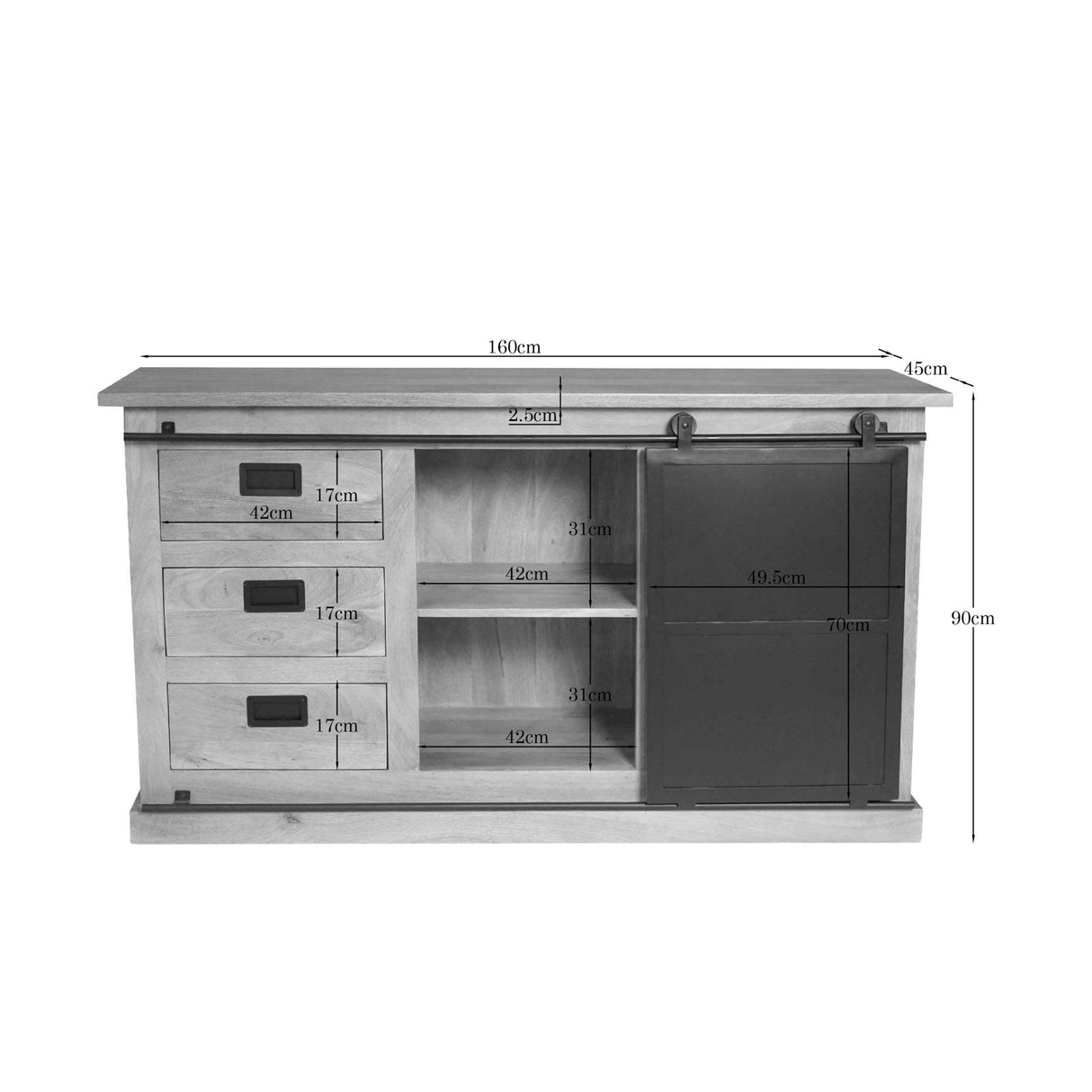 Dressoir - Naturel Mangohout & Zwart Metaal - 160x45 cm - 3 Deuren & Open Vak Buffets Starfurn