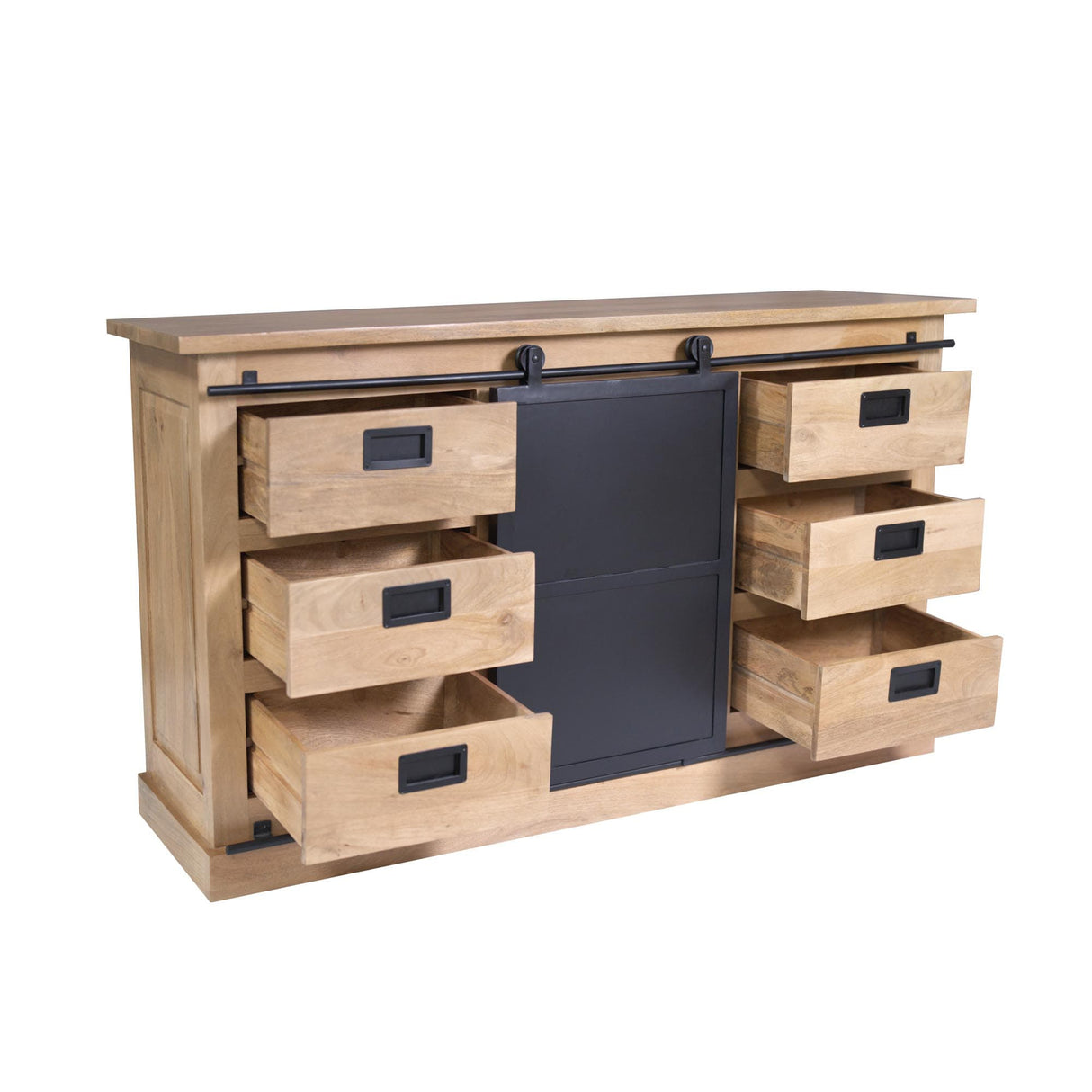 Dressoir - Naturel Mangohout & Zwart Metaal - 160x45 cm - 3 Deuren & Open Vak Buffets Starfurn