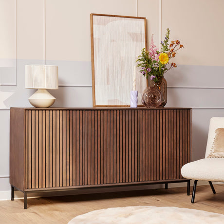 Dressoir Walnoot Mangohout - 165 cm - 3 Deuren - Lattenstructuur Buffets Starfurn
