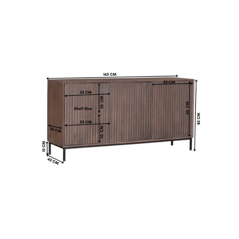 Dressoir Walnoot Mangohout - 165 cm - 3 Deuren - Lattenstructuur Buffets Starfurn