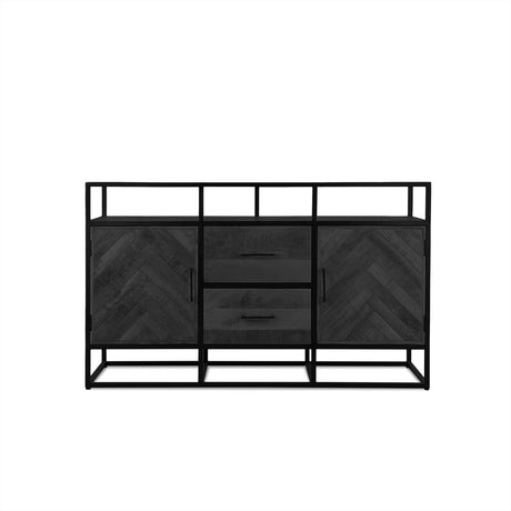 Zwarte mangohouten dressoir met visgraatpatroon en staal, 2 deuren en 2 laden, 150 x 45 cm