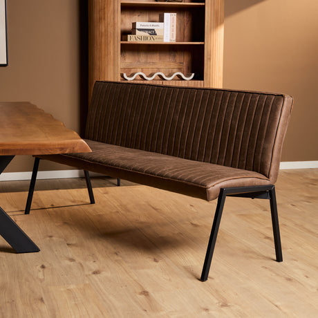 Bruine eetkamerbank van eco-leer, industrieel design, 185 cm