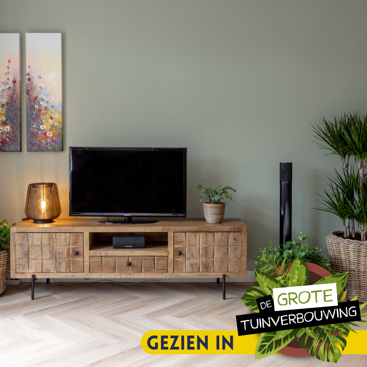 Tv-meubel - Naturel - Mangohout - Blokpatroon - 180 cm