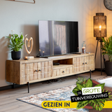 Tv-meubel Naturel Mangohout - 220 cm - Uniek Blokkenpatroon en Royale Opbergruimte