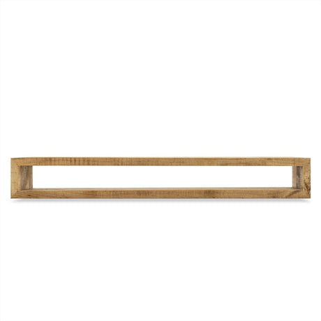 Hangend naturel tv-meubel van mangohout, 220 cm breed en 35 cm diep, zwevend design
