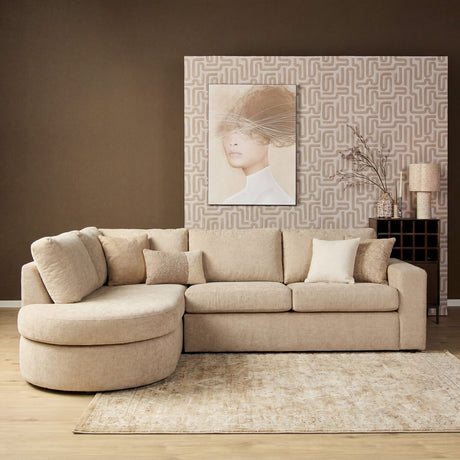 Hoekbank in beige, 2,5-zits met afgeronde divan links