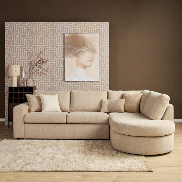 Hoekbank in beige, 2,5-zits met afgeronde divan rechts