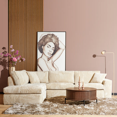 Beige hoekbank van ribstof met divan links en 2,5-zitsbank