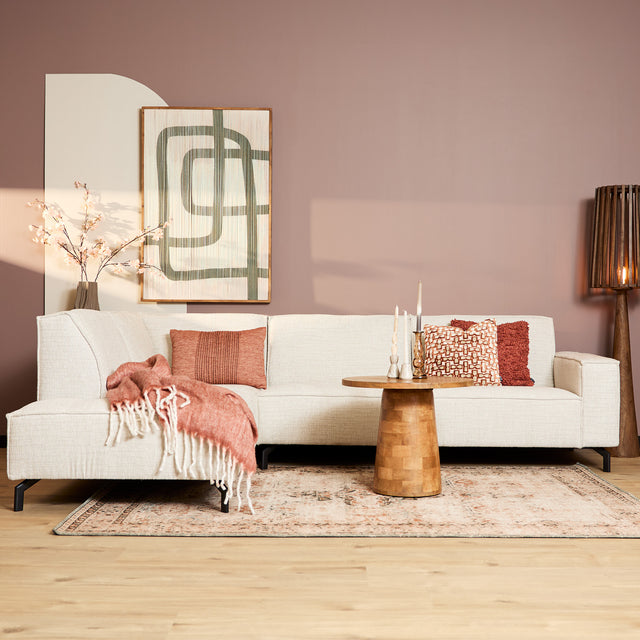 Hoekbank in beige met strakke lijnen, 2,5-zits met divan links