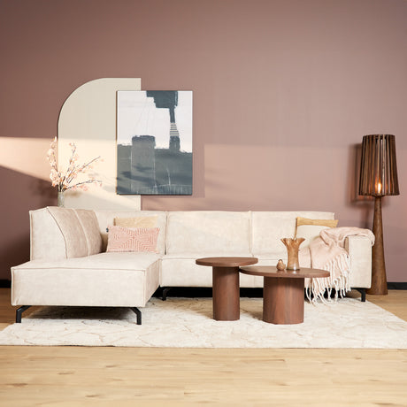 Hoekbank van beige velvet met strakke lijnen, 2,5-zits met divan links
