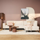 Hoekbank van beige velvet met strakke lijnen, 2,5-zits met divan rechts