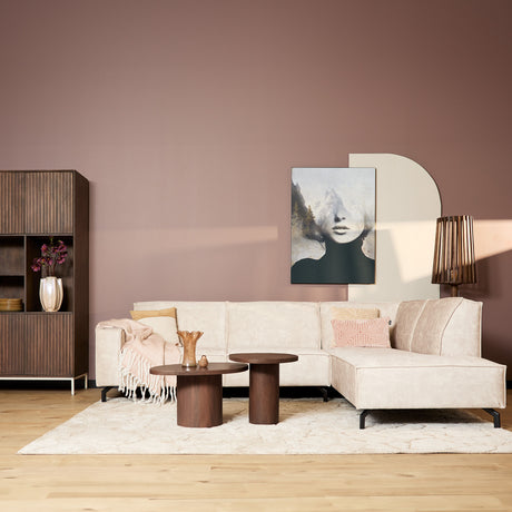 Hoekbank van beige velvet met strakke lijnen, 2,5-zits met divan rechts, foto 2