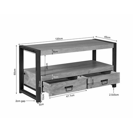 Industrieel tv-meubel van naturel mangohout met 2 lades en open vak, 120 cm breed, foto 5